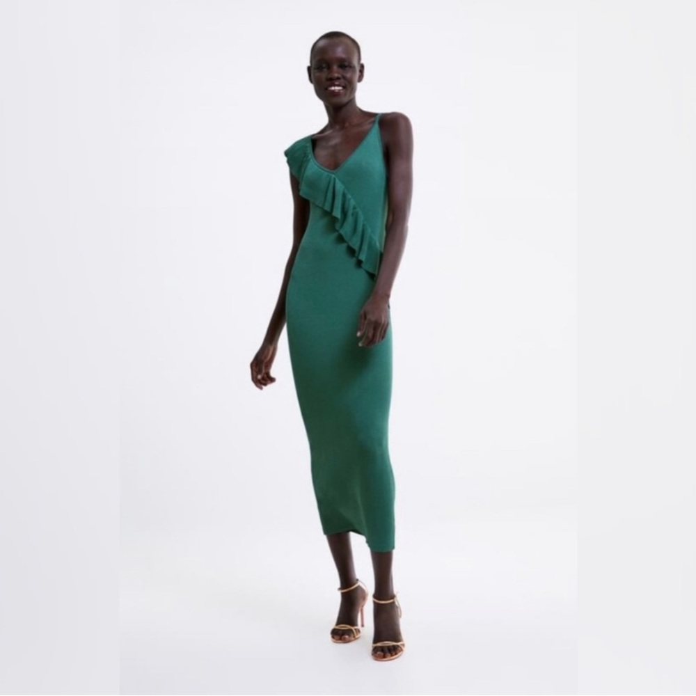 Zara Beautiful Emerald Green Dress with Ruffles and Spaghetti Straps